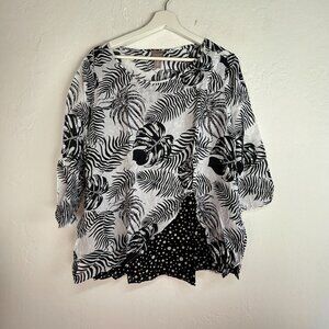 Chico's Womens Black & White Tropical Leaf Print Asymmetrical Hem Top Size 2